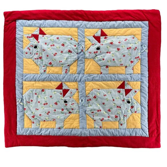 Vintage Handmade Pig Quilt With Cherry Pattern By Peggy Jordan Wall Hanging - Picture 1 of 12